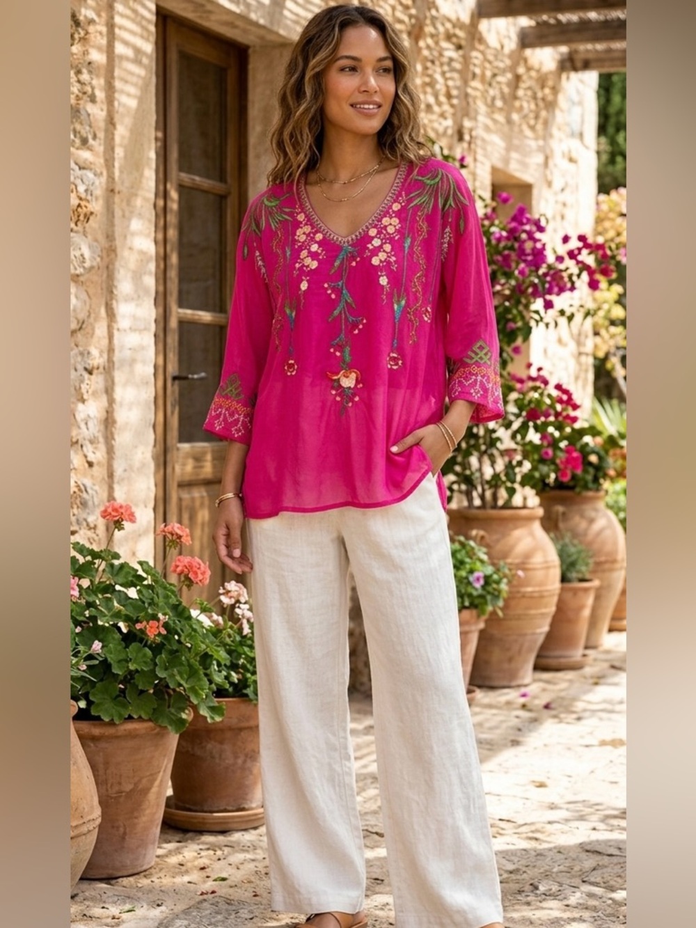 Johnny Was Fuchsia Embroidered Blouse